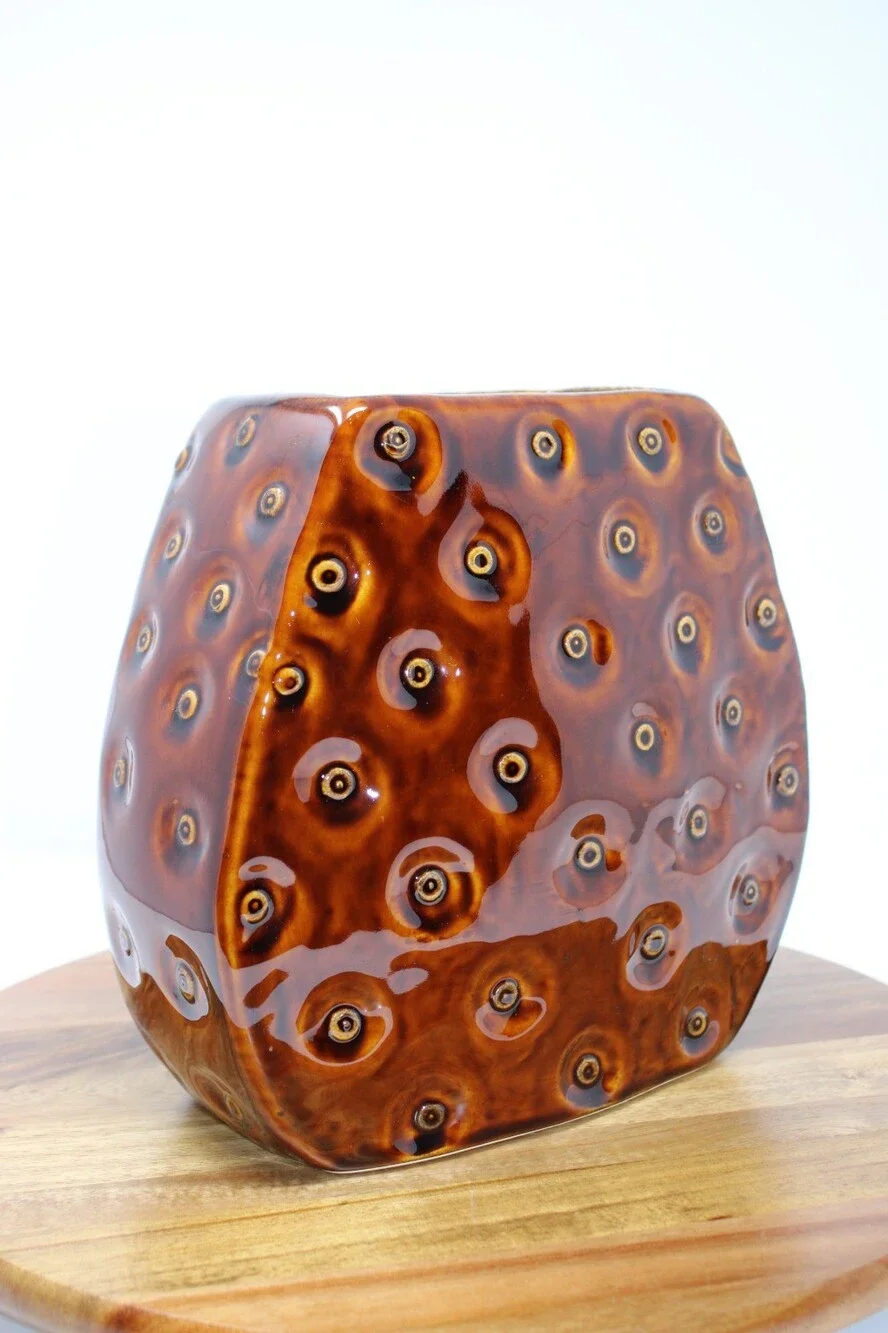 Mid Century Modern Brown Ceramic Circle Vase Dimpled Bullseye Studio Art Pottery